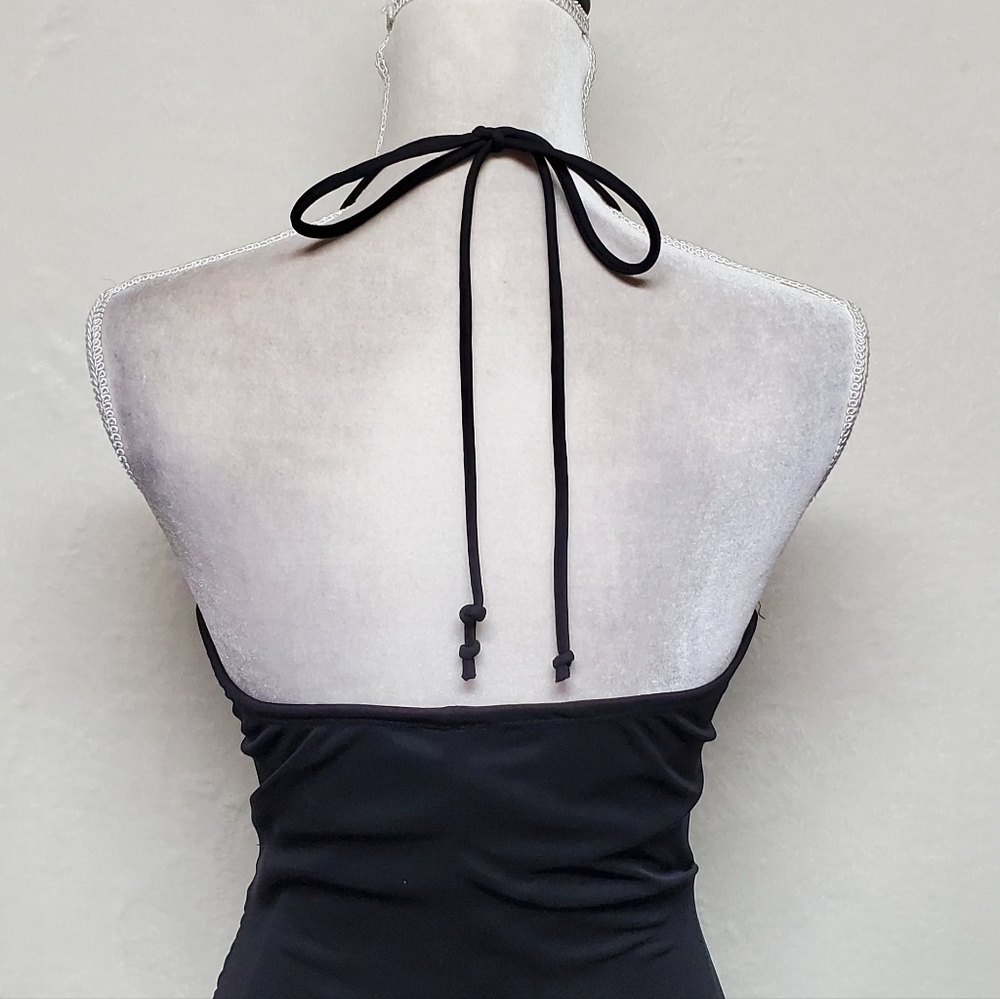 𝅺VINTAGE 1990s Taboo Black White Ruffle Asymmetrical Backless Halter Maxi Dress - Picture 13 of 16